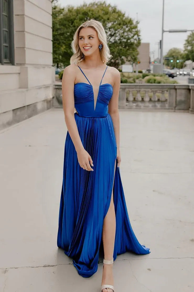 Robe Weitese mignonne trapèze à bretelles spaghetti bleu roi en satin plissé longue robe de bal robe formelle avec nœud